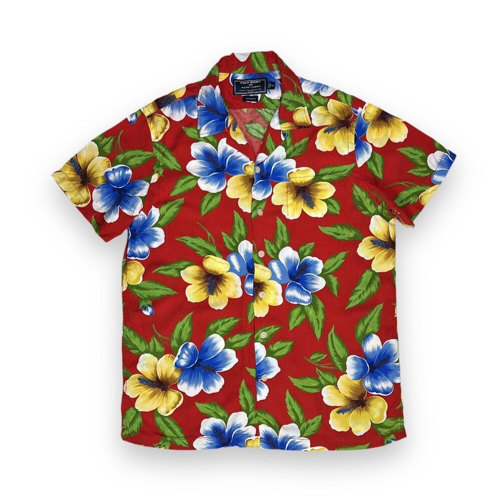 Vintage Polo Sport Ralph Lauren Red Floral Hawaiian Camp Shirt Men’s M
